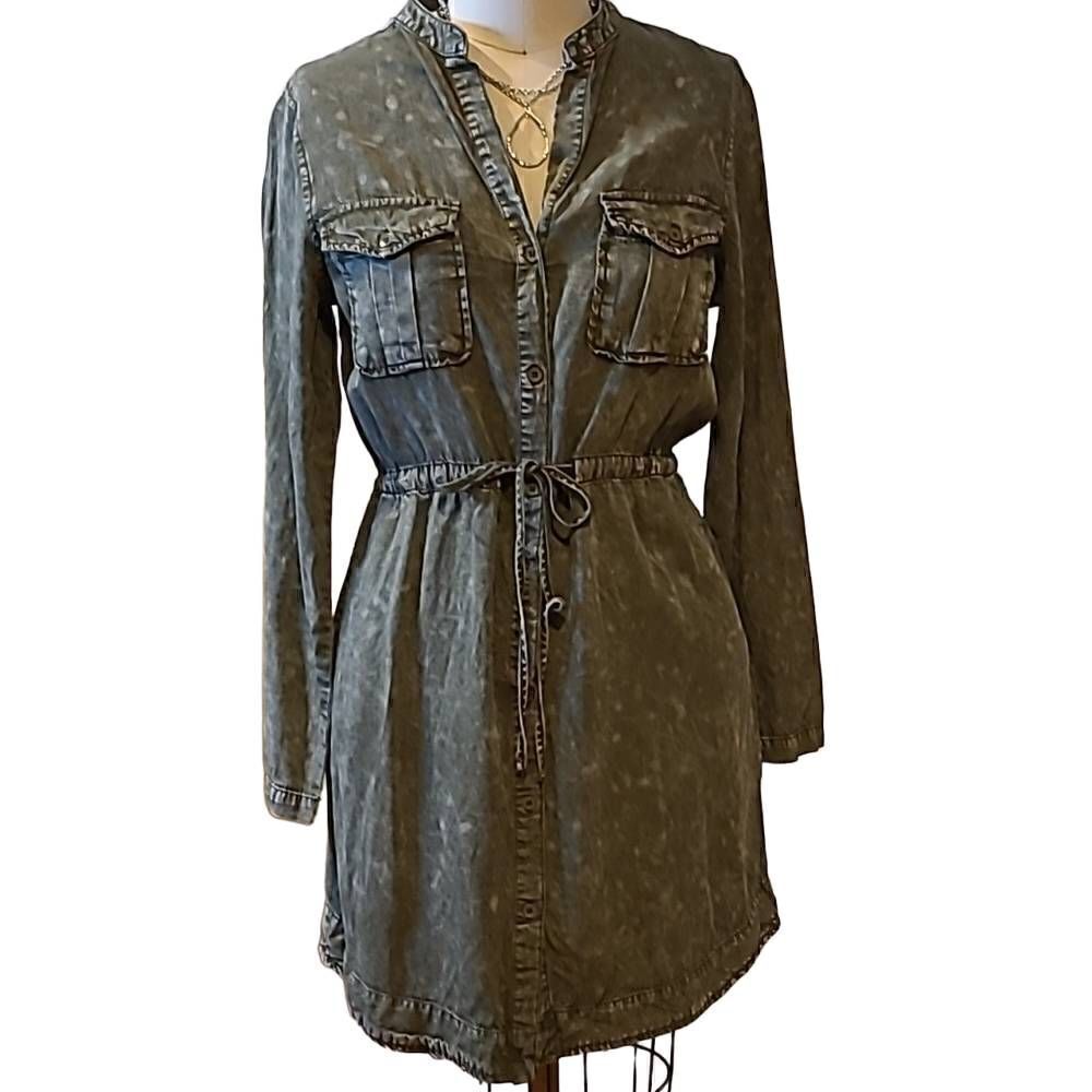 ♡♡♡ Heart & Hips Womens Casual Cinched Waist Grey  Chambray Shirt Dress Sz Small